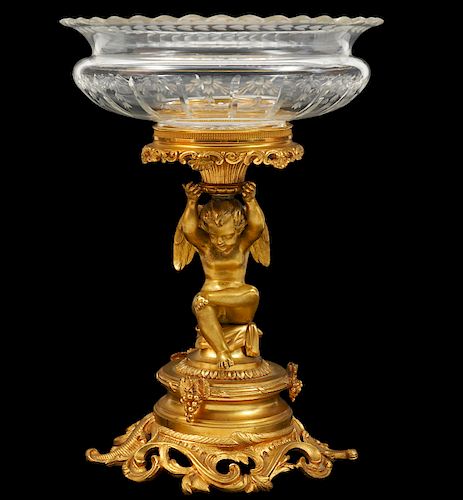 French Gilt Bronze & Crystal Putti Compote