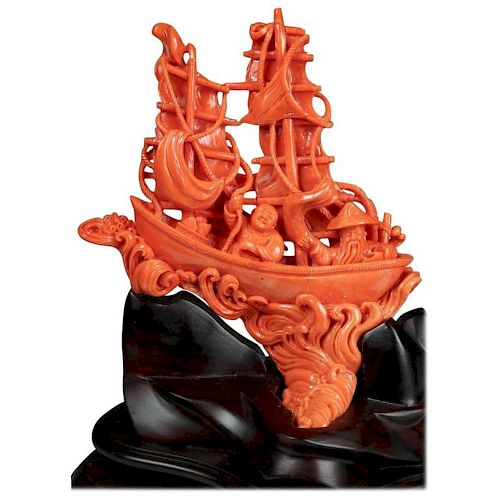 Exceptional Chinese Carved Coral Boat with Sailors