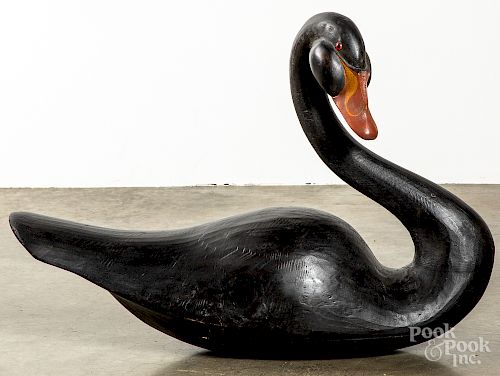 Carved and painted black swan decoy