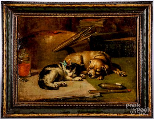 English oil on canvas dog and cat