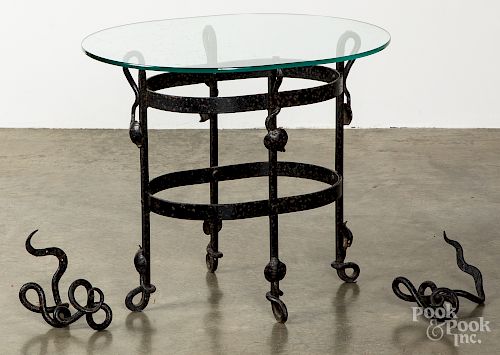 Arts and Crafts wrought iron glass top table, etc