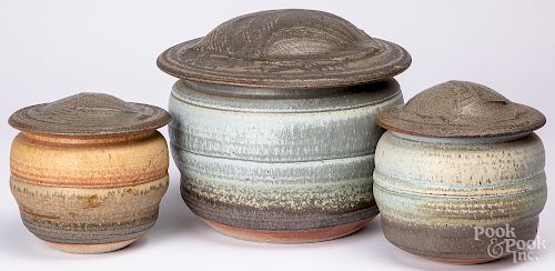 Karen Karnes three studio pottery lidded vessels