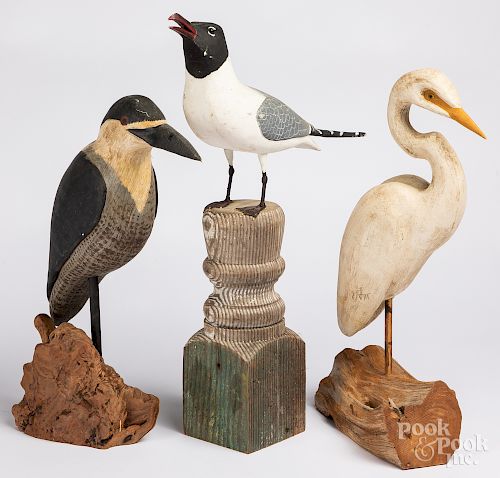 Three contemporary carved and painted shorebirds