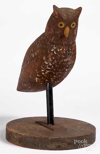 Carved and painted owl decoy