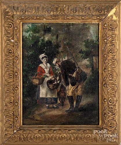 Oil on board of a soldier and woman, etc.
