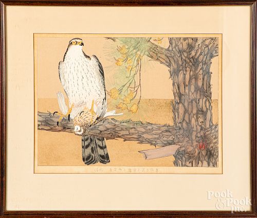 Japanese block print of a hawk