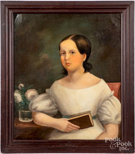 Oil on canvas portrait of a girl with a book