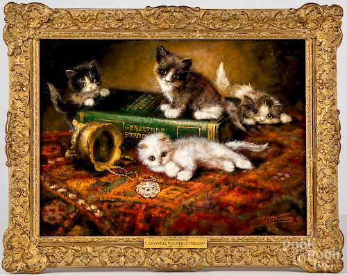 Oil on panel titled Mischievous Kittens