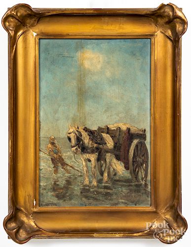 Oil on panel of a man with a horse and cart