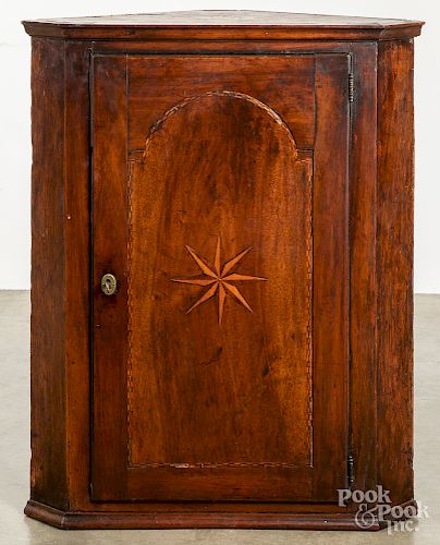 George III inlaid mahogany hanging corner cupboard