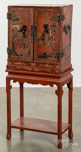Chinese red lacquer stand and cabinet