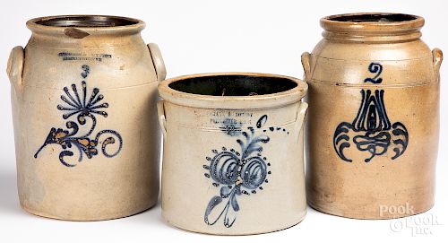 Three cobalt decorated stoneware crocks