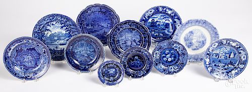 Eleven blue Staffordshire plates