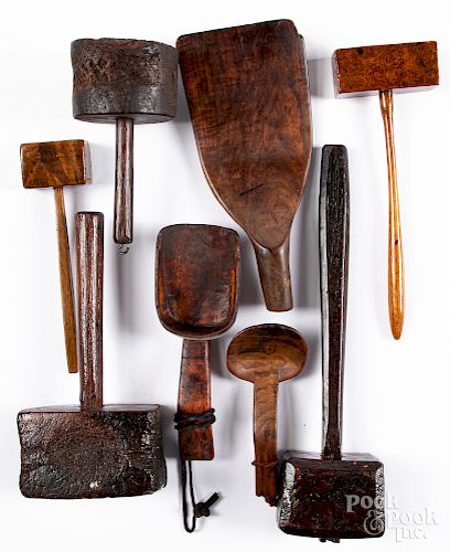 Group of wooden mallets and scoops