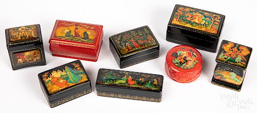 Eight small Russian lacquer boxes