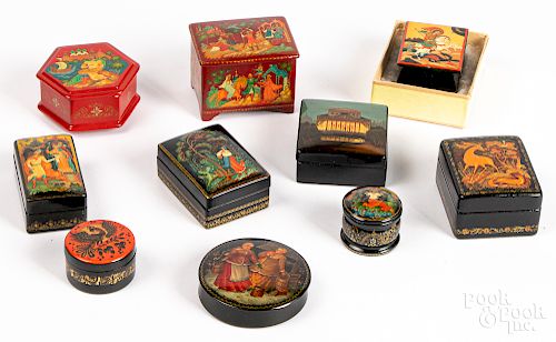 Ten small Russian lacquer boxes
