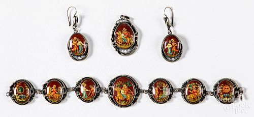 Russian silver and lacquer jewelry set