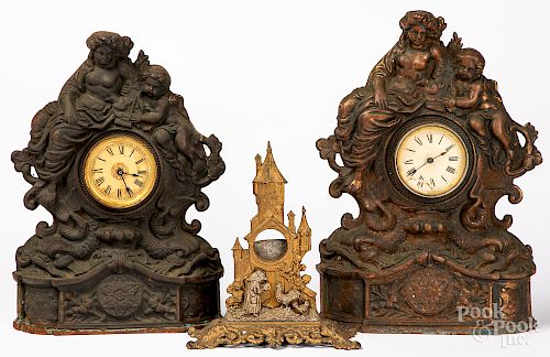 Two cast iron mantel clocks, etc.