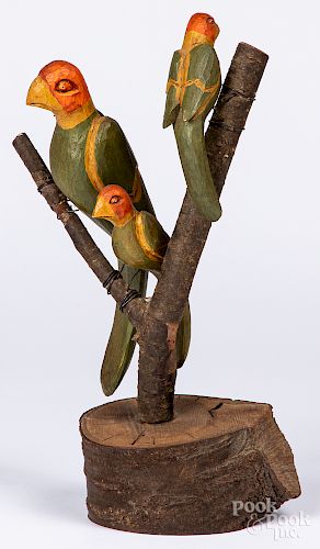 D and B Strawser carved parrot bird tree