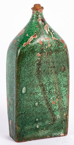 Dutch green glaze redware bottle