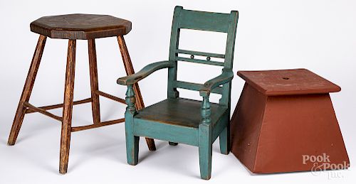 Painted stand, together with a stool and a chair
