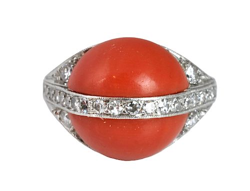 Ladies Platinum, Diamond & Coral Art Deco Ring