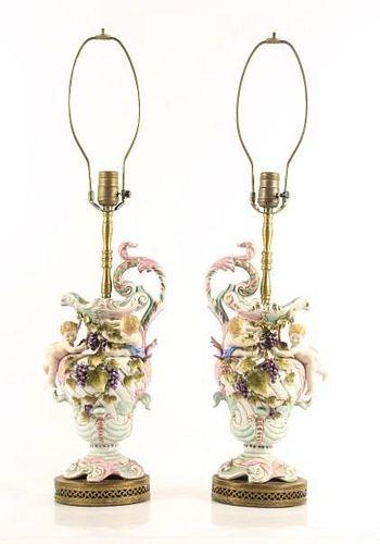 Pair of Porcelain Ewers w/ Putti, Mounted as Lamps