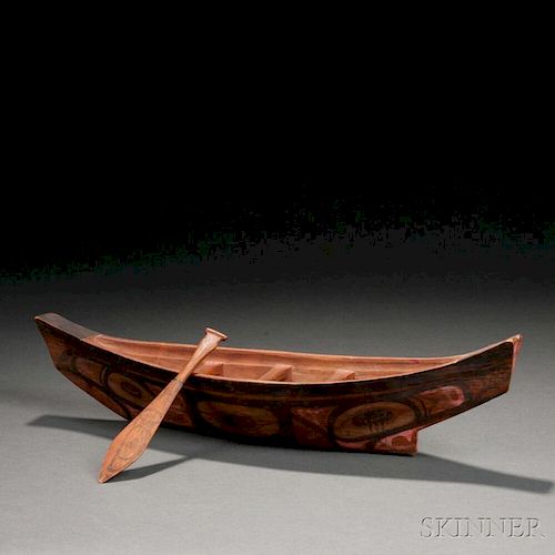 Northwest Coast Carved Wood Canoe Model with Paddle