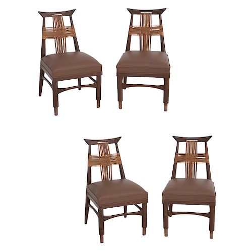 FRANK KYLE. Años 50. Juego de sillas. Elaboradas en madera de caoba. Con asientos con tapicería de piel y palma. Piezas: 4