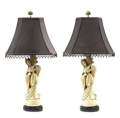 Pair of Orientalist Ivorine Figural Table Lamps