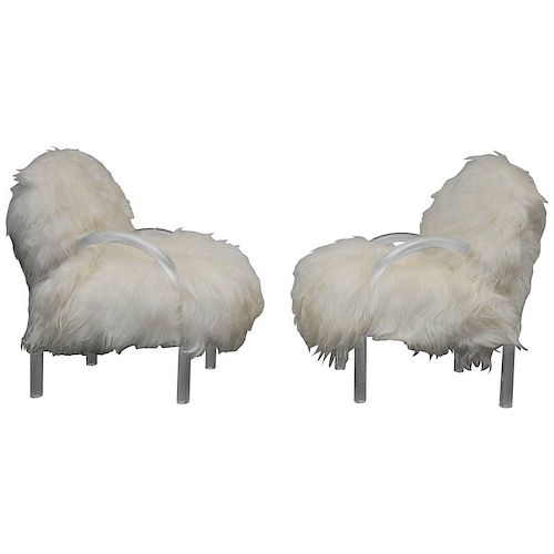 Pace Collection Lounge Chairs, Lucite and Mongolian Lamb