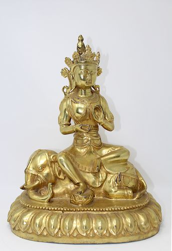 Signed, Tibetan Gilt Bronze Buddha Figure on Elephant