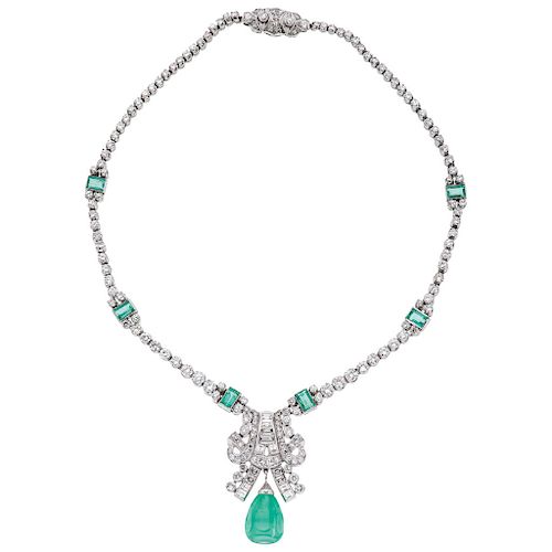 An emerald and diamond palladium silver choker.
