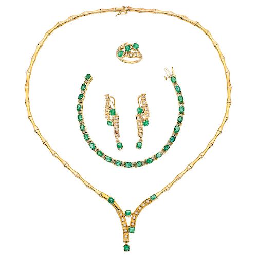 An emerald and diamond 14K yellow gold choker, bracelet, ring and pair of earrings set.