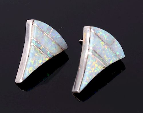 Navajo Fire Opal Inlaid Sterling Silver Earrings