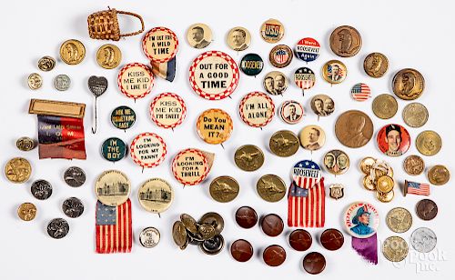 Group of political buttons, etc.
