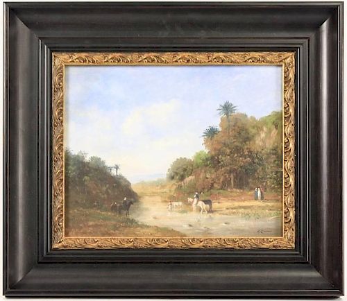 "Meeting At The Stream", Oil on Wood Panel, 19th C