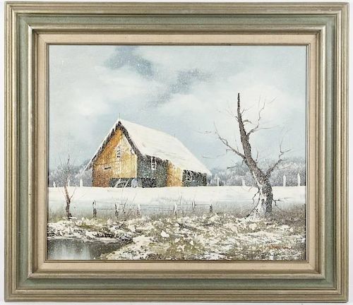 "Barn At Winter" American School Oil on Canvas