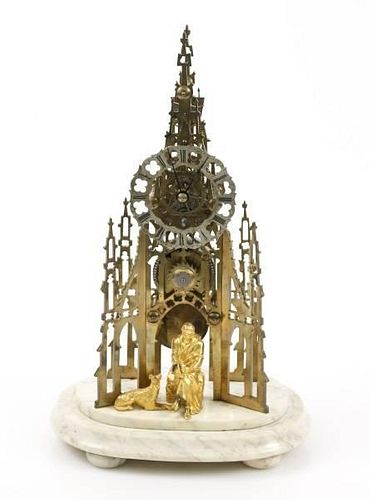 English Gothic Revival Brass Skeleton Clock