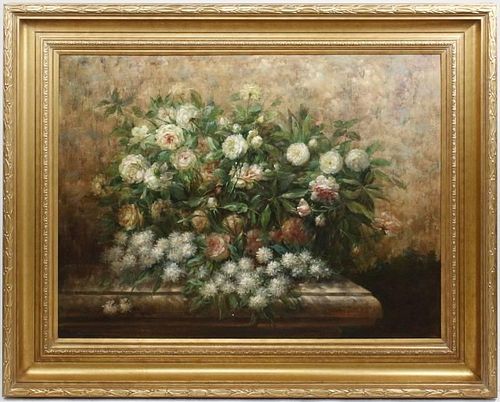 Large Still Life with Roses & Peonies, Signed Oil