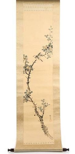 Edo Period Japanese Scroll Painting with Birds