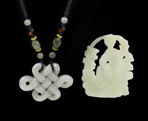 Two Celadon Jade Carved Pendants, Knot & Figural