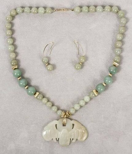 Jadeite, Jade Earring & Necklace Set, Bat Pendant