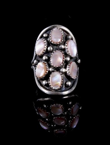 Navajo Signed Sterling & Mother of Pearl Ring
