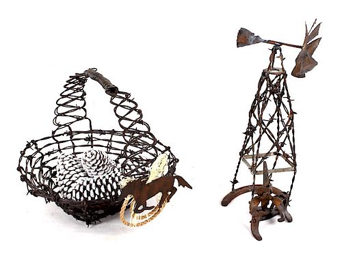 Folk Art Barbed Wire Basket and Windmill