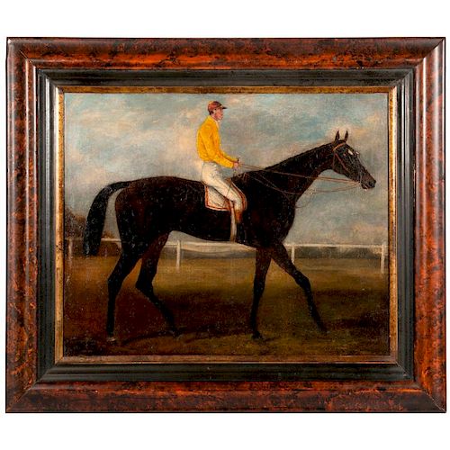 A 19th century oil on board painting of a racehorse and jockey.