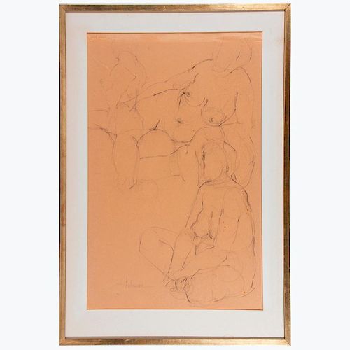 Graphite on paper study of three nudes signed Haliman lower left.