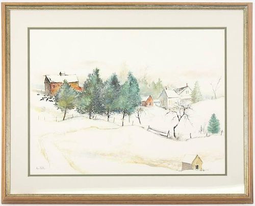 Ben Shute Signed Watercolor, "Snow on Cow Farm"