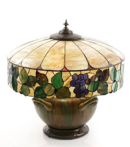 Arts & Crafts Pottery Lamp w/Leaded Glass Shade
