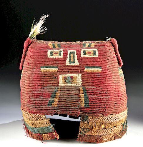 Inca Textile and Wood Helmet / Hat w/ Figure